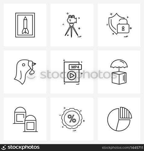 Set of 9 Simple Line Icons of file type, animal, lock, bird, turkey Vector Illustration