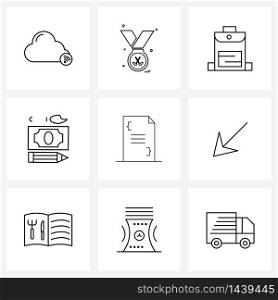 Set of 9 Simple Line Icons of file type, coding, rucksack, code, pen Vector Illustration