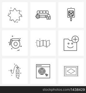 Set of 9 Simple Line Icons of folder, location, medical, map, ring Vector Illustration