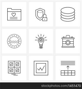 Set of 9 Simple Line Icons of light, bulb, database, window, ship Vector Illustration