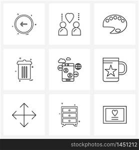 Set of 9 Simple Line Icons of message, smartphone, paint, recycle bin, bin Vector Illustration