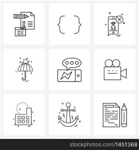 Set of 9 Simple Line Icons of messenger, communication, smart phone, weather, umbrella Vector Illustration