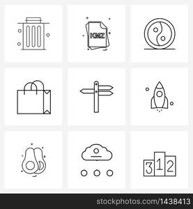 Set of 9 Simple Line Icons of missile, traffic sign board, yang, direction board, cart Vector Illustration