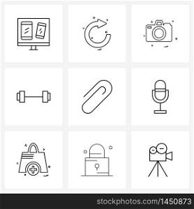 Set of 9 Simple Line Icons of paper clip, gym, restart, sports, photograph Vector Illustration