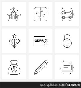 Set of 9 Simple Line Icons of protection, gdpr board, car, shopping, diamond Vector Illustration