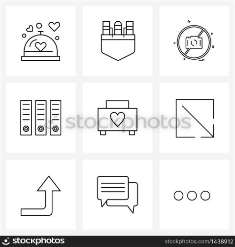Set of 9 Simple Line Icons of romantic, love, no, handbag, documents Vector Illustration