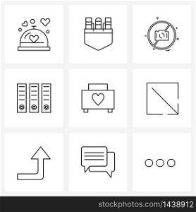 Set of 9 Simple Line Icons of romantic, love, no, handbag, documents Vector Illustration