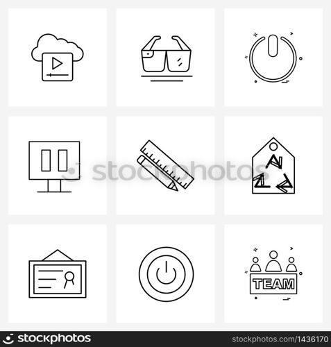 Set of 9 Simple Line Icons of scale, player, user interface, pause, power Vector Illustration