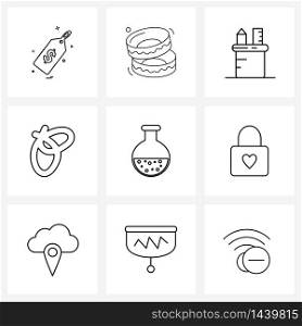 Set of 9 Simple Line Icons of science, beaker, measure, grilled, rings Vector Illustration