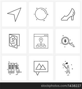 Set of 9 Simple Line Icons of search, seo, shoes, web, valentine Vector Illustration