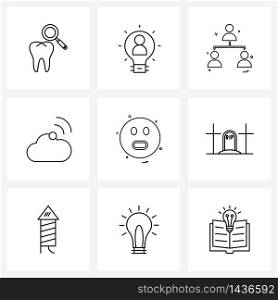 Set of 9 Simple Line Icons of shocked, emote, network, emoji, weather Vector Illustration