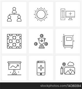 Set of 9 Simple Line Icons of trophy, design, computer, pattern design, online first aid Vector Illustration