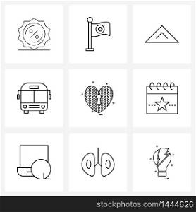 Set of 9 Simple Line Icons of valentine, heart, first aid, transport, bus Vector Illustration
