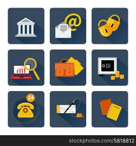 Set of 9 square icons for finance and banking services, support and security