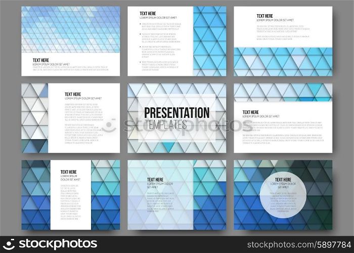 Set of 9 templates for presentation slides. Abstract blue backgrounds. Triangle design vectors . Set of 9 templates for presentation slides. Abstract blue backgrounds. Triangle design vectors.