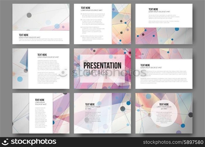 Set of 9 templates for presentation slides. Abstract colored backgrounds, triangle design vectors.