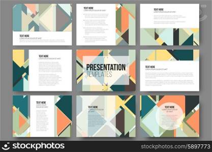 Set of 9 templates for presentation slides. Abstract colored backgrounds, triangular design vectors.