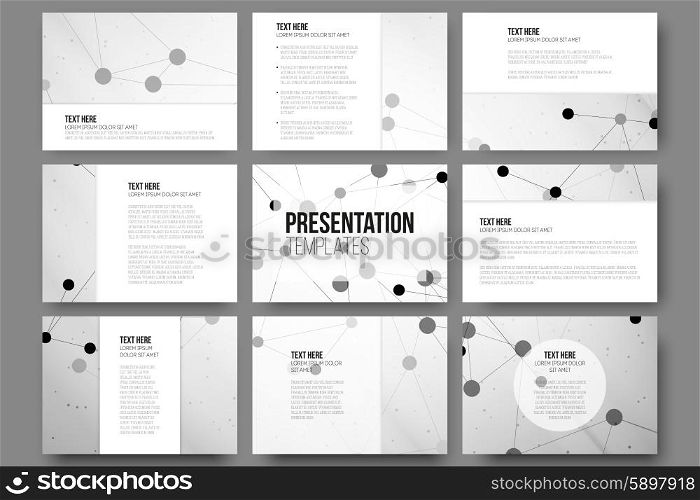 Set of 9 templates for presentation slides. Abstract gray backgrounds, triangle design vectors.