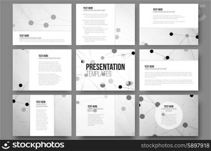 Set of 9 templates for presentation slides. Abstract gray backgrounds, triangle design vectors.