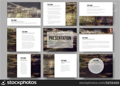 Set of 9 templates for presentation slides. Abstract multicolored backgrounds. Geometrical patterns. Triangular and hexagonal style vector illustration. Set of 9 templates for presentation slides. Abstract multicolored backgrounds. Geometrical patterns. Triangular and hexagonal style vector illustration.