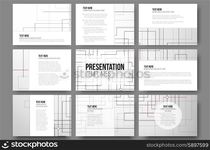 Set of 9 templates for presentation slides. Abstract vector backgrounds. Technical construction with connected lines and dots. Set of 9 templates for presentation slides. Abstract vector backgrounds. Technical construction with connected lines and dots.