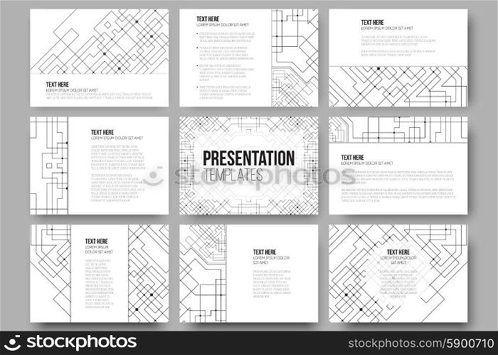 Set of 9 templates for presentation slides. Abstract vector backgrounds. Technical construction with connected lines and dots. Set of 9 templates for presentation slides. Abstract vector backgrounds. Technical construction with connected lines and dots.