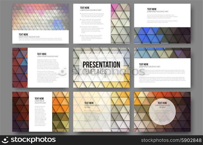 Set of 9 templates for presentation slides. Abstract vibrant backgrounds. Triangle design vectors . Set of 9 templates for presentation slides. Abstract vibrant backgrounds. Triangle design vectors.
