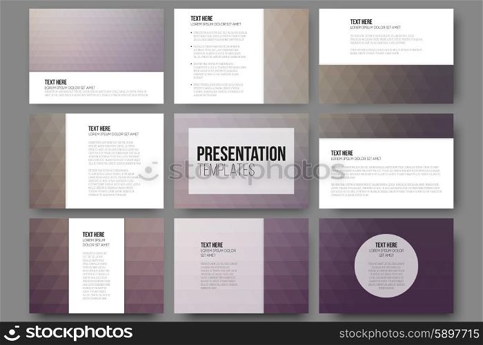 Set of 9 templates for presentation slides. Abstract violet backgrounds. Triangle design vectors . Set of 9 templates for presentation slides. Abstract violet backgrounds. Triangle design vectors.