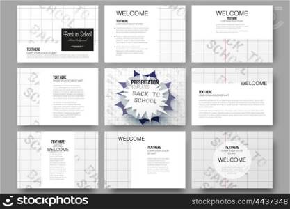 Set of 9 templates for presentation slides. Back to school poster with letters made from halftone dots, modern background, greeting card, cartoon explosion in pop-art style on notebook paper, vector illustration