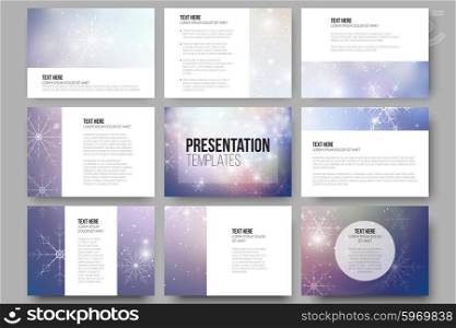Set of 9 templates for presentation slides. Blue abstract winter background. Christmas vector style with snowflakes. Set of 9 vector templates for presentation slides. Blue abstract winter background. Christmas vector style with snowflakes.