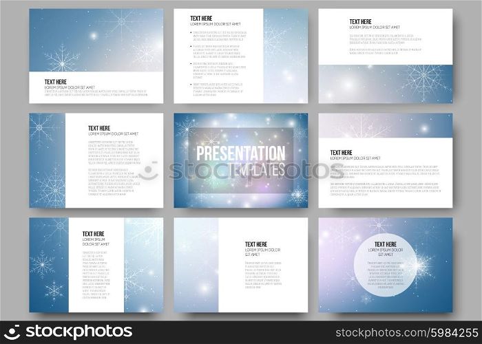 Set of 9 templates for presentation slides. Blue abstract winter background. Christmas vector style with snowflakes. Set of 9 vector templates for presentation slides. Blue abstract winter background. Christmas vector style with snowflakes.