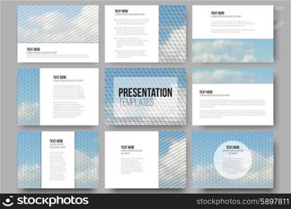 Set of 9 templates for presentation slides. Blue cloudy sky. Abstract multicolored backgrounds. Natural geometrical patterns. Triangular and hexagonal style vector illustration. Set of 9 templates for presentation slides. Blue cloudy sky. Collection of abstract multicolored backgrounds. Natural geometrical patterns. Triangular and hexagonal style vector illustration.