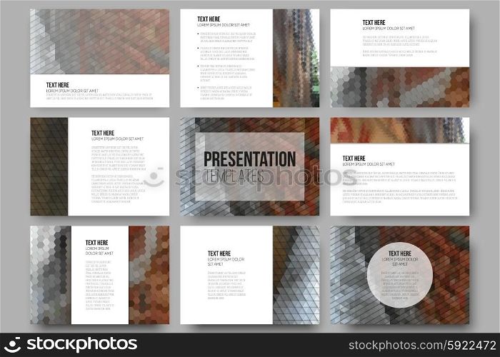 Set of 9 templates for presentation slides. City landscape. Abstract multicolored backgrounds. Geometrical patterns. Triangular and hexagonal style. Set of 9 templates for presentation slides. City landscape. Abstract multicolored backgrounds. Geometrical patterns. Triangular and hexagonal style.