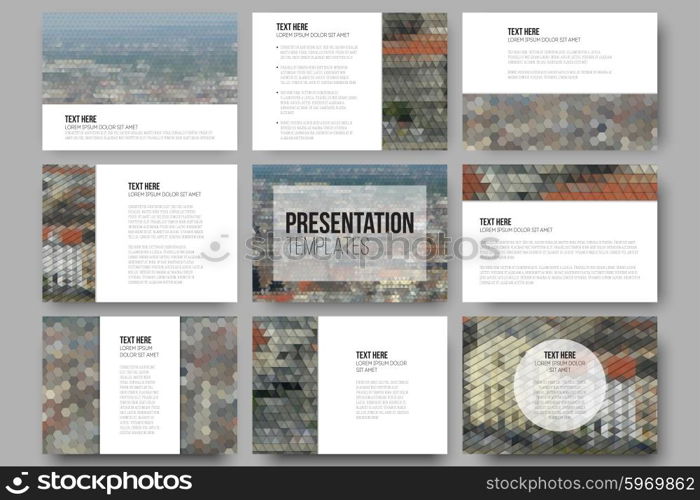 Set of 9 templates for presentation slides. City landscape. Abstract multicolored backgrounds. Geometrical patterns. Triangular and hexagonal style. Set of 9 templates for presentation slides. City landscape. Abstract multicolored backgrounds. Geometrical patterns. Triangular and hexagonal style.