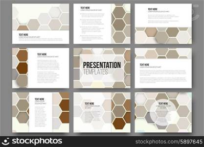 Set of 9 templates for presentation slides. Colorful geometric backgrounds, abstract hexagonal vector patterns.