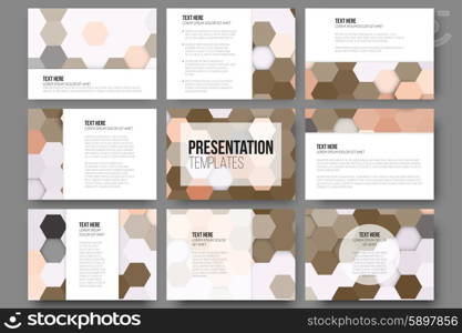 Set of 9 templates for presentation slides. Colorful geometric backgrounds, abstract hexagonal vector patterns.