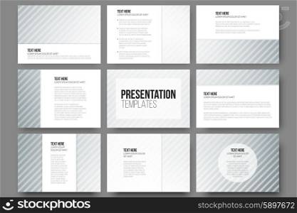 Set of 9 templates for presentation slides. Diagonal lines patterns, pastel vector backgrounds.