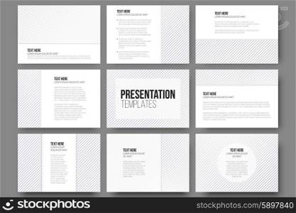 Set of 9 templates for presentation slides. Diagonal lines patterns, pastel vector backgrounds.