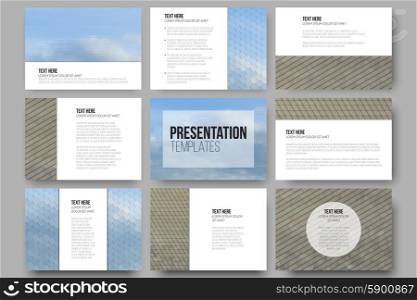 Set of 9 templates for presentation slides. Dry land and blue sky with clouds. Abstract multicolored backgrounds. Natural geometrical patterns. Triangular, hexagonal style vector.