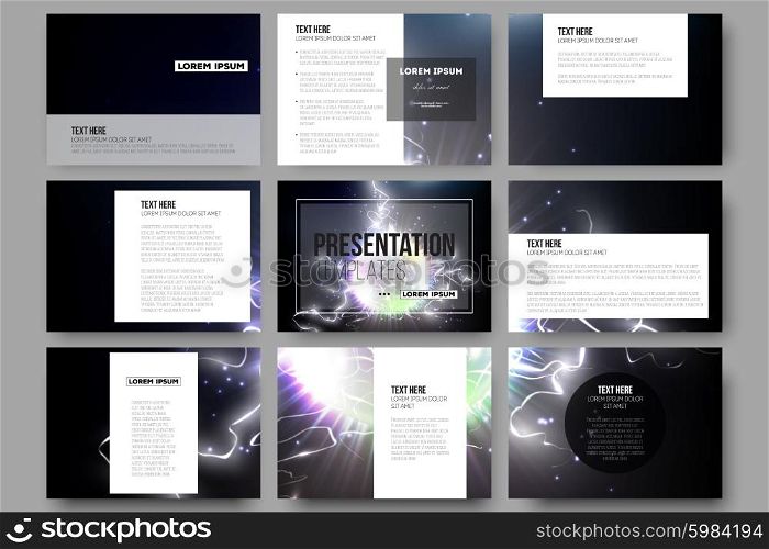 Set of 9 templates for presentation slides. Electric lighting effect. Magic vector background with lightning. . Set of 9 vector templates for presentation slides. Electric lighting effect. Magic vector background with lightning.