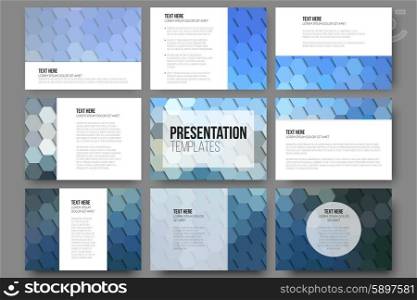 Set of 9 templates for presentation slides. Geometric blue backgrounds, abstract hexagonal vector patterns.
