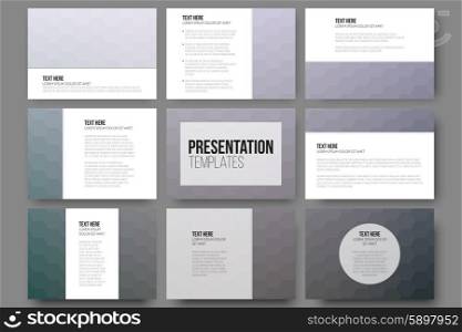 Set of 9 templates for presentation slides. Geometric blurred backgrounds, abstract hexagonal vector patterns.