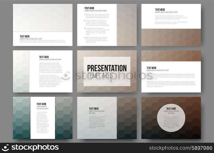 Set of 9 templates for presentation slides. Geometric blurred backgrounds, abstract hexagonal vector patterns.