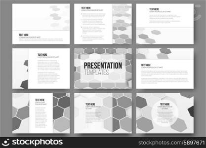 Set of 9 templates for presentation slides. Geometric gray backgrounds, abstract hexagonal vector patterns.