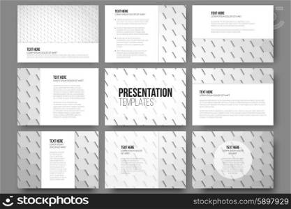 Set of 9 templates for presentation slides. Geometric gray backgrounds, abstract hexagonal vector patterns.