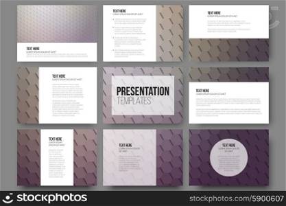 Set of 9 templates for presentation slides. Geometric violet backgrounds, abstract hexagonal vector patterns.