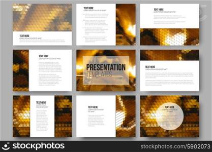 Set of 9 templates for presentation slides.Golden abstract backgrounds. Geometrical patterns. Triangular and hexagonal style vector illustration. Set of 9 templates for presentation slides. Collection of abstract multicolored backgrounds. Geometrical patterns. Triangular and hexagonal style vector illustration.
