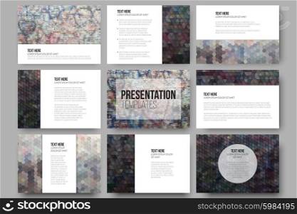 Set of 9 templates for presentation slides. Graffiti wall. Abstract multicolored backgrounds. Geometrical patterns. Triangular and hexagonal style vector illustration. Set of 9 templates for presentation slides. Graffiti wall. Collection of abstract multicolored backgrounds. Geometrical patterns. Triangular and hexagonal style vector illustration