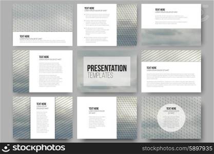 Set of 9 templates for presentation slides. Gray cloudy sky. Abstract multicolored backgrounds. Natural geometrical patterns. Triangular and hexagonal style vector illustration. Set of 9 templates for presentation slides. Gray cloudy sky. Collection of abstract multicolored backgrounds. Natural geometrical patterns. Triangular and hexagonal style vector illustration.