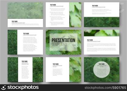 Set of 9 templates for presentation slides. Green leaves texture. Abstract multicolored backgrounds. Natural geometrical patterns. Triangular and hexagonal style. Set of 9 templates for presentation slides. Green leaves texture. Abstract multicolored backgrounds. Natural geometrical patterns. Triangular and hexagonal style.